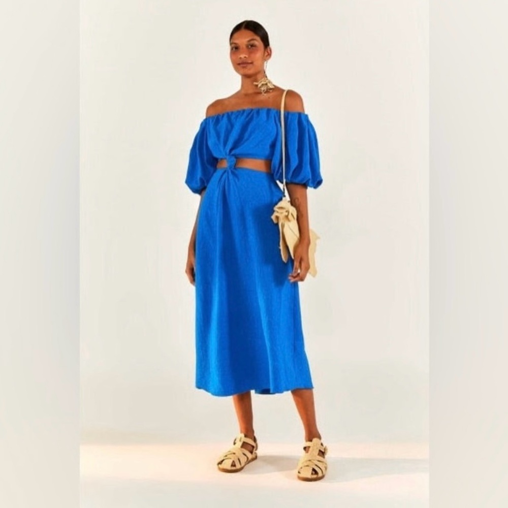Farm Rio Blue knotted puff sleeve dress